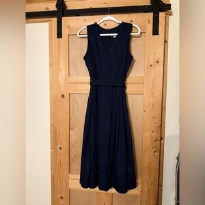 Sleeveless Navy V-Neck Belted A Line Midi Dress